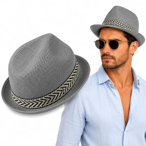 OTHERWISETRIVIAL Cappello Simil Paglia Unisex, Stile Panama e Fedora, per Spiaggia e Casual, Vari Colori e Modelli (Jazz Grigio)