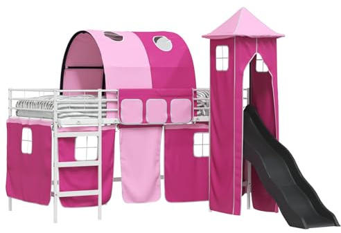 Qnhdfrt Kinderhochbett mit Rutsche und Turm, Spielbett aus Metall, 107 x 203 cm Liegefläche, inkl. Vorhängen, Blau/Schwarz, Weiß/Rosa Rahmen, stabiles Kinderzimmerbett