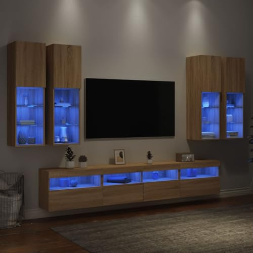 Ziaphsol Ensemble de Meubles TV muraux 7 pièces avec lumières LED RVB chêne Sonoma Support Mural pour Salon et séjour, Rangement Pratique, Design Moderne, idéal pour Espace de Vie