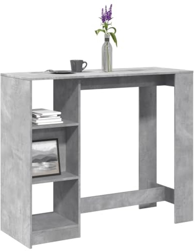 Zentexion Tavolo da bar grigio cemento con ripiano, 124 x 46 x 103,5 cm, in legno, salvaspazio, per cucina, soggiorno, sala da pranzo, con 4 scomparti, portata fino a 80 kg, supporto a parete incluso