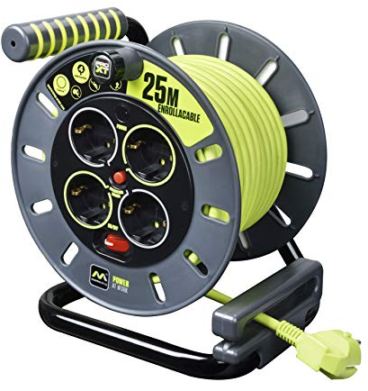 Masterplug Pro-XT Enrollacables de carrete de cable abierto de cuatro tomas con asa de bobinado, interruptor térmico e interruptor de alimentación, cable de alta visibilidad de 25 metros