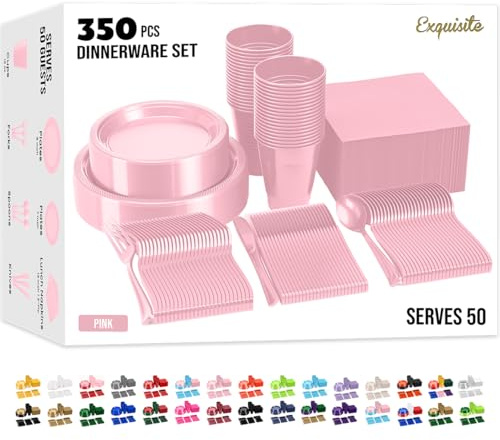 350 Pcs Pink Plastic Plates For Party, Pink Disposable Plates Set, 50 Of Each 9 Dinner Plate Set, 7 Dessert Plate, Cups, Napkins & Cutlery Plastic Dinnerware Set Exquisite