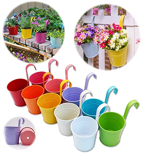 GIOVARA Metall-Blumentopf, Blumenampel für Pflanzen, 10 Stück Bunte Blumentöpfe zum Aufhängen, hänge Blumentopf mit Ablaufloch, Balkontopf mit Abnehmbarer Haken