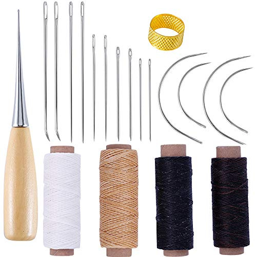 Qtopun Leder-nadeln und gewachste Fäden, 20 Stück, Leder-DIY-Werkzeuge, 7 Arten Haushalts-Nähnadeln, gebogene Nadeln, Löcher, handliche Aweln und Fingerhut