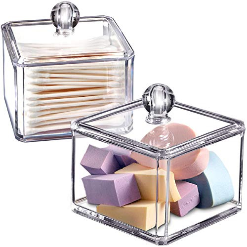 SheeChung 2-Pack Modern Square Acrylic Qtip Holder - Clear Apothecary Jars with Lids - Bathroom Vanity Storage Canister - Shatterproof Square Organizers for Cotton Swabs, Pads-Modern Minimalist Decor
