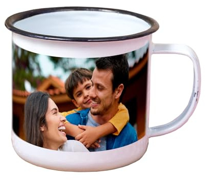Made in Gift | Taza Personalizada con Foto y Texto, Esmaltada Efecto Vintage Estilo Camping | Acero con Esmalte | 79 x 89 mm | Regalo Original para Cumpleaños, Aniversario o Día del Padre