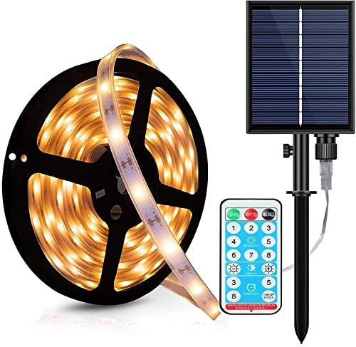 SUAVER Solar Strip Lights, Outdoor LED Lights Strip 16.4ft 150LED Waterproof Cuttable Flexible Rope Lights 8 Modes with Remote for Garden Porch Gazebo Pathway Patio Umbrella Decor (Warm White)