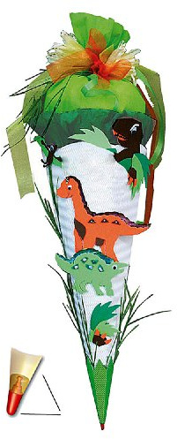 BASTELSET Schultüte - Dino/Dinosaurier - 85 cm - mit Holzspitze - Zuckertüte Roth - 6 eckig Saurier Dinos T-Rex Jungen - Dinoschultüte/Saurier - zum Baste