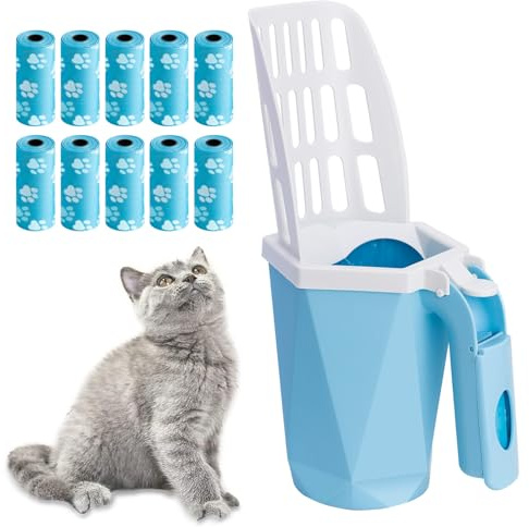 Austepax Cat Litter Scooper with Holder Kitty Litter Scoop with Waste Can and 150 Refill Bags, Large Portable Cat Litter Shovel Easy to Clean Suitable for Kittens (Blue)