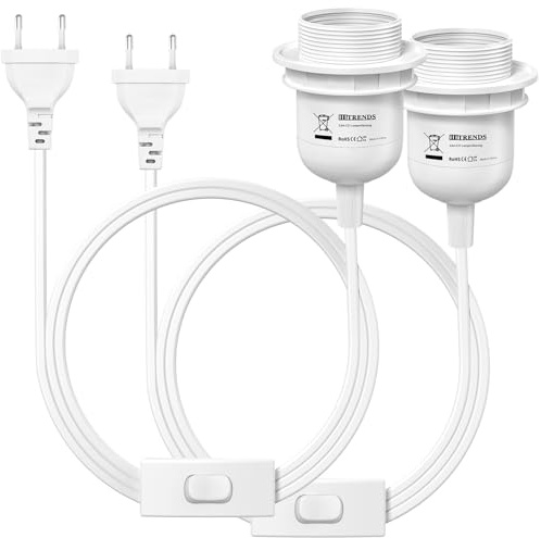 KEAGAR 2 x E27 Lampenfassung mit Schalter mit Stecker, E27 Fassung mit 3,5m Kabel Schraubring - Küche, Wohnzimmer und Kinderzimmer - Weiß