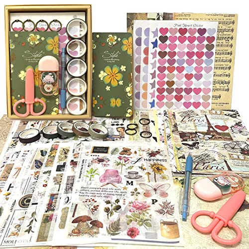 1826PCS Vintage Scrapbook Zubehör Set Ästhetisches Bullet Journal Zubehör Set mit A6 Notizbuch Retro Scrapbook Sticker Papier Washi Sticker Washi Tape DIY Geschenk für Fotoalbum Tagebuch Mädchen Damen