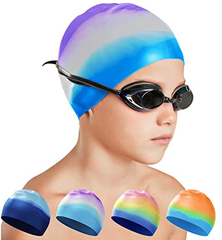 Silicone Swim Cap,Stretchable and Comfortable Kids Swimming Cap,Spacious Waterproof Swimming Hat for Long Hair/Short Hair/Girls/Boys/Kids/Teens/Children (Purple/White/Blue)