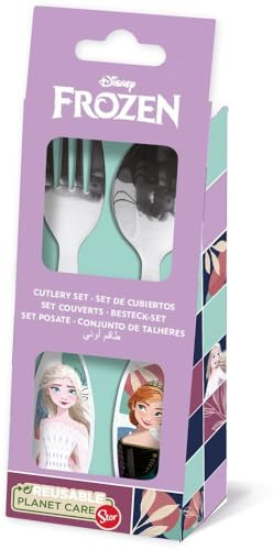 Tataway Disney Set med 2 blå bestick för flickor i Frozen Elsa och Anna rostfritt stål med rundade spetsar