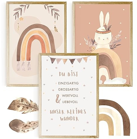 EULENTALER® Poster für Kinderzimmer im Boho-Stil I Von Pädagogen kreativ & liebevoll gestaltet I Tierposter Babyzimmer I Wandposter für Mädchen & Jungen (3er Set im DIN A4 Format) Hase