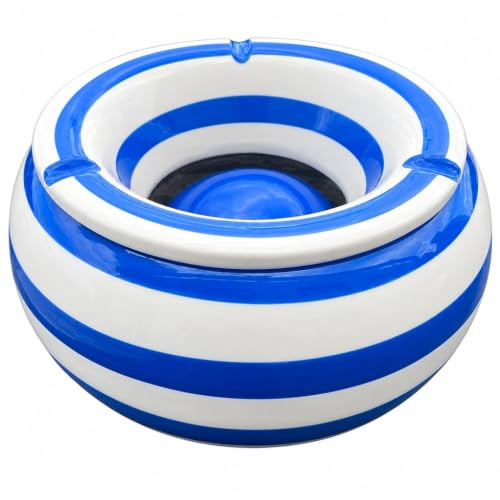 MIJOMA Sturmaschenbecher Windaschenbecher, Blau-Weiß gestreift, Ø23 cm | aus Dolomit, Keramik-Tischaschenbecher mit Deckel, wetterfest witterungsbeständig, für Innen- & Außenbereich
