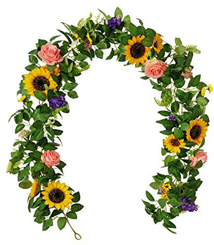 ZHDOKA 1,8 M Künstliche Sonnenblumen-Girlande, Seidengelbe Sonnenblumen-Hängeranke mit Grünen Blättern, Künstliche Hängende Blumengirlande für Zimmer, Küche, Garten, Geburtstag,(Grün+Gelb)