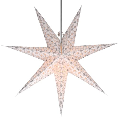 Faltbarer Advents Papierstern, 60 cm, hochwertig, Milenka weiß | Handgefertigter Papierstern mit Silberbronze, stimmungsvolle Deko, TÜV geprüft, einfache Montage.