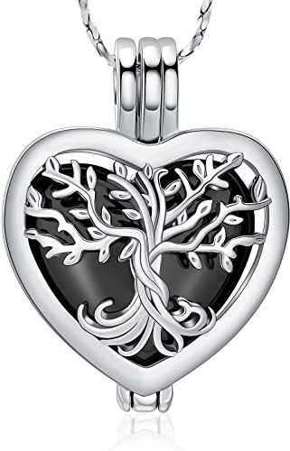 QGJNSGC Tree of Life Urn Necklaces for Ashes Heart Shape Cremation Jewelry Memorial Keepsake Jewelry Gifts for Women Men Memorial Lockets Ashes Holder for Pet (Silver-black)