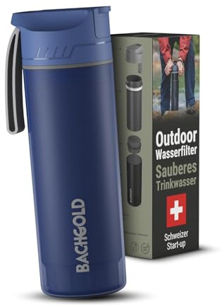 Bachgold Borraccia filtrante acqua potabile con capacità di filtrazione di 1500L I Rimuove il 99,99% dei batteri e filtra microplastiche, particelle e cloro I Per blackout e crisi, Azul 500ml