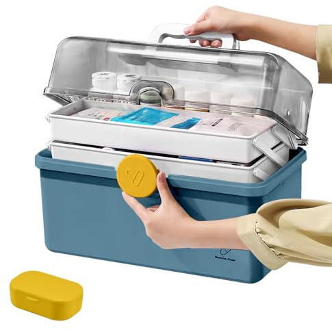 LPAMABA Hausapotheke Box Medikamenten Aufbewahrung Groß Medizinbox Medizinkoffer Erste Hilfe Koffer Medikamentenbox Multifunktions Aufbewahrungsbox Apothekenbox mit Tragegriff, 34 x 21.5 x 19cm, Blau