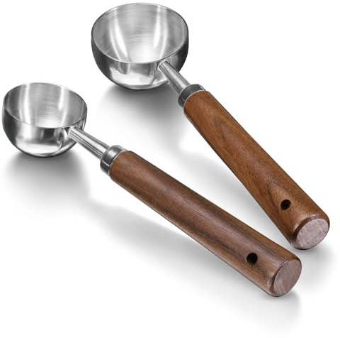 Modixun 2Pcs Coffee Scoop for Ground Coffee - 1 Tbsp (15ml) & 2 Tbsp (30ml) Tablespoon Scoop, 304 Stainless Steel Coffee Measuring Spoon with Long Walnut Wood Handle, Silver