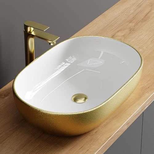 Planetmöbel Aquil Deluxe Lavabo Oval | Lavabo de encimera para baño y aseo de invitados | Lavabo sin orificio para grifo y desagüe | Oro Blanco, 60 x 40 x 15 cm