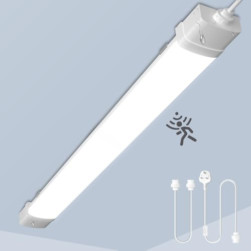 Ankishi Linkable LED Batten Light with Plug and Sensor- 40W 4ft 115cm 6500K Daylight Dusk to Dawn Fluorescent Light IP66 Waterproof Plug in Wall Light for Garage Shed Workshop Wall Basement Corridor