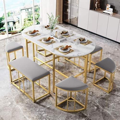 YCYDHDM Esstisch mit 6 Stühlen, Moderner Küchentisch Set für 6 Personen, Essgruppe mit Goldene Tischbeine, für Ihr Esszimmer Küche Wohnzimmer, MDF Tischplatte, Gold