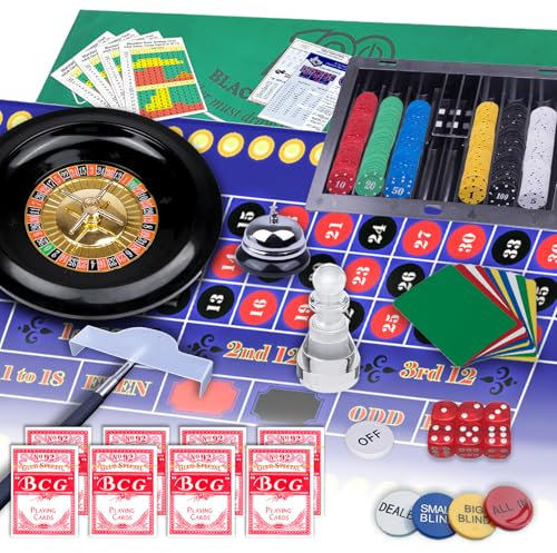 Set di giochi da casinò 5 in 1: Blackjack/Roulette/Craps/Texas Holdem/Poker Game Kit con 360 Chip+8 Deck Card+Ruota della Roulette+2 Feltro a due lati+6 Dadi+Carta Stratedgy+Rastrello Chip+Accessori,