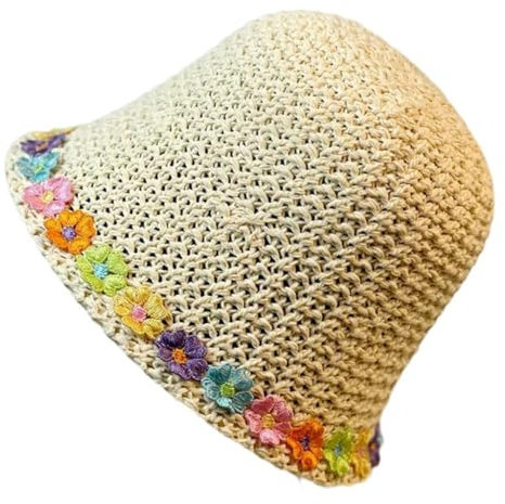 XAGMODSHN Gestrickter Fischerhut für Damen, Strandausflüge, Strohhut, Blumenaufkleber, Sommerhut für Erwachsene, Schlapphut, Beige, 5 1/8-5 3/8