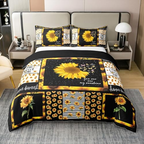 Vintage Sunflower 100% Cotton Duvet Cover Double for Boys Girls,Butterflies Bedding Set for Kids,Farmhouse Flower Bed Set,Patchwork Floral Quilt Cover with 2 Pillowcases Soft
