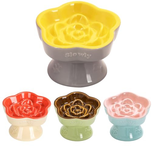 S&Q's CERAMICS Raised Slow Feeder Cat Bowl, Ceramic Elevated Food Bowl Small Dogs Slow Feeder, Flower Shaped Cute Pet Dish for Dry and Wet Food (Yellow, 5.8)