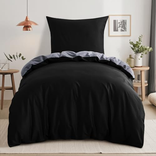 RUIKASI Bettwäsche 140x200 Baumwolle Schwarz - Bettwäsche-Sets 140x200cm 2teilig Wendebettwäsche 2tlg mit Reißverschluss, zweifarbige Bettbezug Set Schwarz und Grau Cotton