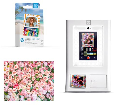HP Sprocket Photo Booth Machine Instant Color Photo Printer (White) + Zink Paper (100 Sheets) + Roses Photo Backdrop (1)