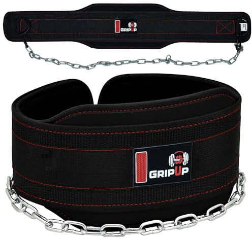 Zuggürtel GripUp Dip Gürtel 6 mit Kette 36 & 2 Karabiner, Premium Gewichtsgürtel Dipping Belt für, Gewichthebergürtel, Gewichtheben Bodybuilding Krafttraining Gym Gewicht, Männer Herren Damen