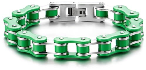 COOLSTEELANDBEYOND Clásico, Pulsera de Hombre, Brazalete de Acero Inoxidable, Bike Chain, Cadena Bici, Plata Verde, Espejo Pulido