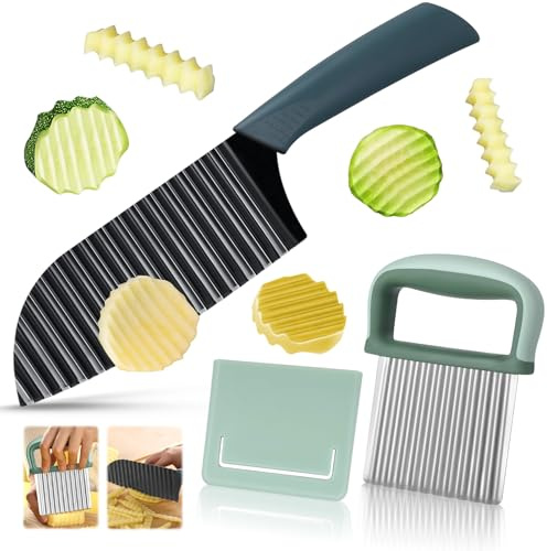 2 Stück Wellenschneider, Edelstahl Wellenmesser Riffelmesser für Pommes, Riffelmesser, Professionelles Edelstahl Crinkle Cutter mit Schutzhülle,Wellenmesser für Gemüse, Pommes,Obs,Salat