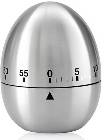 Kitchen Timer Mechanical Stainless Steel Egg Shaped, Quiet/Alert Dual Modes, 60 Minutes Countdown Timer for Cooking Baking Shower Classroom Study Toothbrush, Durable Waterproof