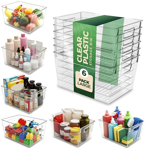 KICHLY Pantry Organizers and Storage Bins, Pack of 6 Clear Plastic Bins with Handles for Kitchen, Cabinet, Fridge & Shelf Organization, BPA-Free, Stackable Food Storage Containers