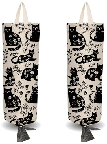 CRASPIRE 2Pcs Black Cat Plant Flower Cloth Plastic Bag Holder with 4 Adhesive Hook Reusable Grocery Organizer Wall Mount Hanging Trash Shopping Bags Storage Dispenser for Cabinet Home Kitchen Pantry