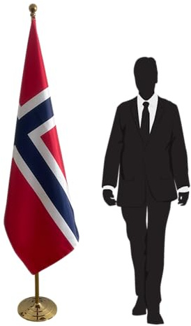Bandera Noruega grande con mástil y base – bandera de pie para interior o eventos, soporte estable y presentación oficial. Código CN6-NO
