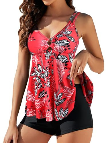 Dam 2-delad tankini-baddräkter med dubbla axelremmar tryckt topp och pojkshorts badkläder baddräkt, D-kupa, 96 cm bröst, standardpassform, Blommig röd, XXL