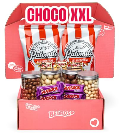 BELROS Pack Surtido de 13 uds. Botes Reutilizables con Chocolates Variados y Palomitas Dulces. Especial Celebraciones y Cumpleaños. Navidades y Halloween. Caja Regalo. Choco Blanco y Negro