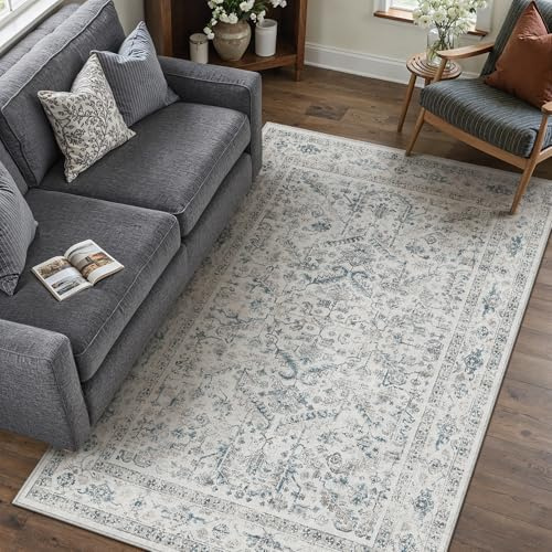 PureCozy Vintage Blau Teppich Wohnzimmer 120x170cm Waschbar | Waschbarer Teppich, Weich Rutschfest, Kurzflor Boho, für Wohnzimmer Schlafzimmer Esszimmer Büro, Carpet Teppiche