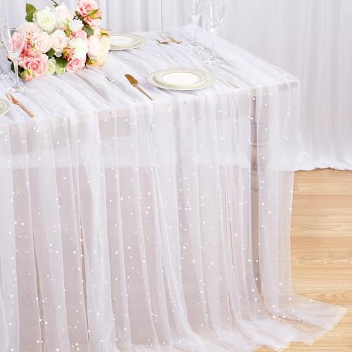 2 Stück Tischläufer Tüll, 200 x 80 cm Weiß Tischdecke Chiffon Tischläufer, Tischläufers Tüll Tischdekoration für Partys Hochzeiten DIY Kreativität Basteln