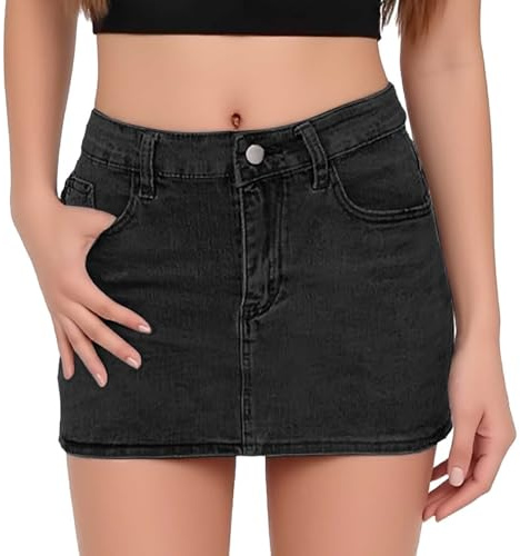 Minifalda 48 Denim Corto Mini Faldas Cintura Alta Casual Lavado Elástico Faldas Vaqueras Con Bolsillos Faldas Largas Rojo, Negro , M