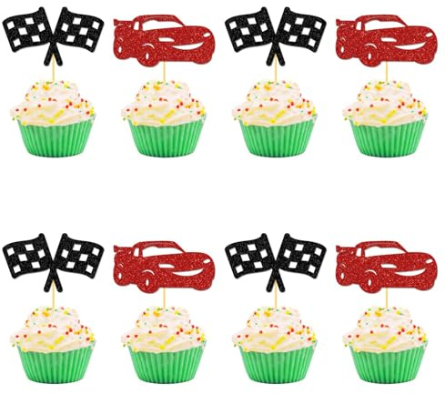 Glimmerstyle Cake Decoration Car, 24 Red Car Cupcake Toppers, Racing Party Cake Decorations, Suitable for Baby Shower Birthday Cake Accessories