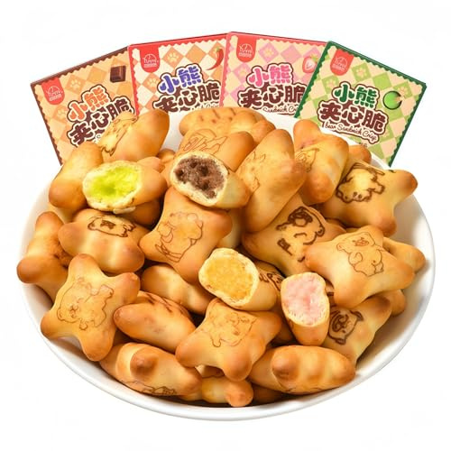 Biscuits en forme d'ours – Paquet combiné avec matcha, chocolat, fraise et bandes épicées, saveur croustillante unique, emballés individuellement, faible teneur en glucides, riche en fibres (37 g x 4)