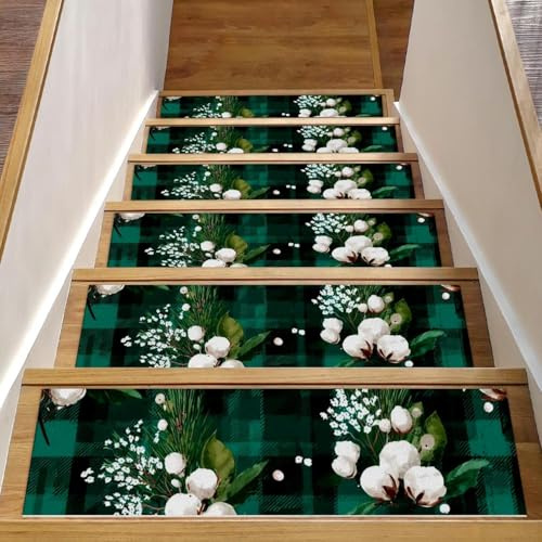 Tappetini per scale in legno per interni, 15 pezzi, 20,3 x 76,2 cm, antiscivolo, con retro in TPE per bambini, anziani e cani, (15 pezzi, rami di albero di Natale, sfondo verde a quadri di bufalo)