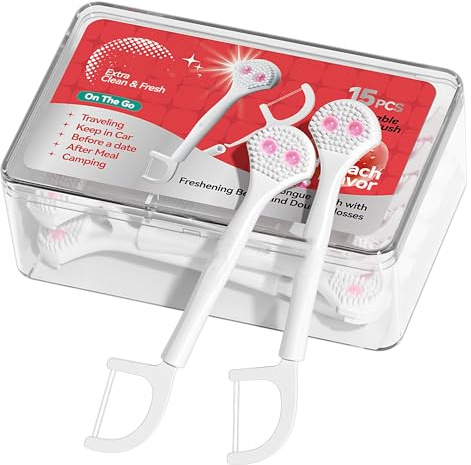 15 mini cepillos desechables para lengua con cuentas de pasta de limpieza y púas de hilo dental, limpiadores de lengua, reducen el mal aliento, raspador de lengua, sabor a melocotón helado (paquete de